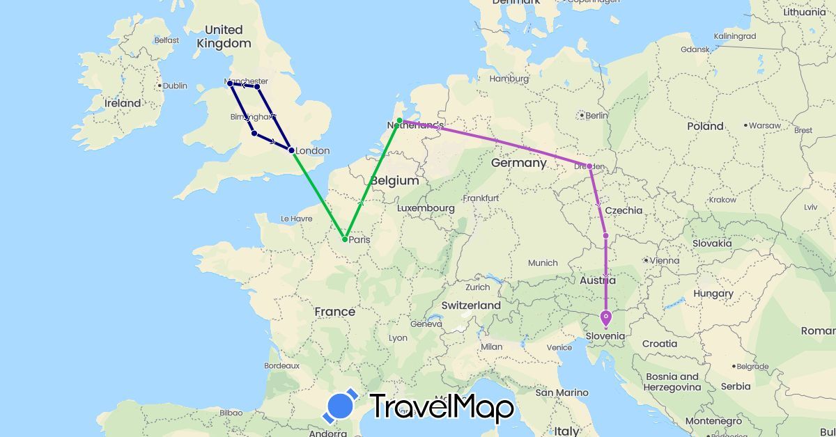 TravelMap itinerary: driving, bus, train in Czech Republic, Germany, France, United Kingdom, Netherlands, Slovenia (Europe)